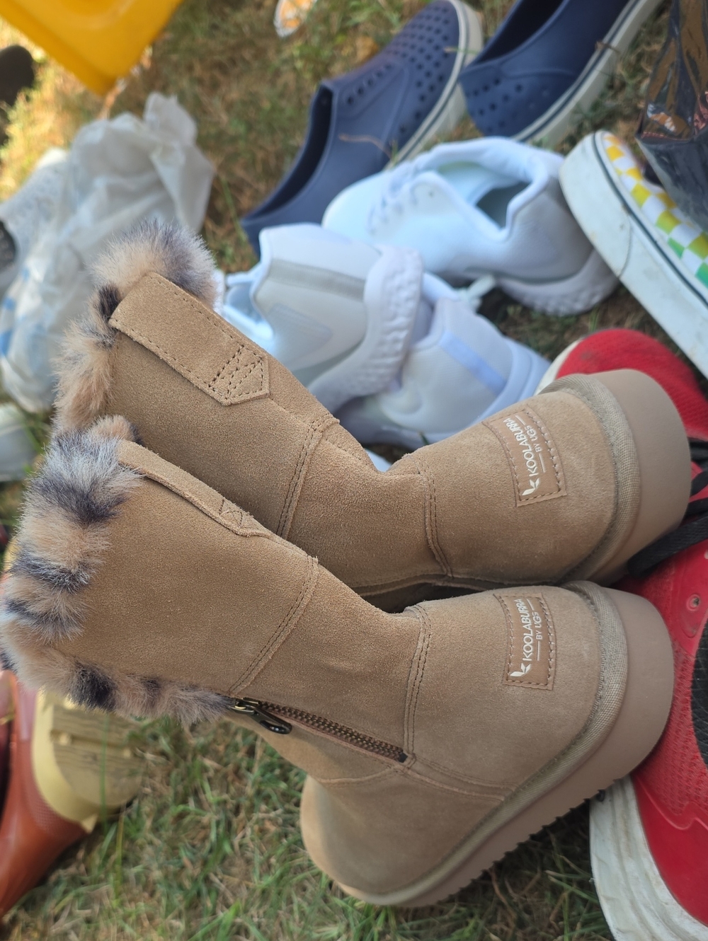 Koolaburra Tan Suede Winter Boots with Faux Fur Trim